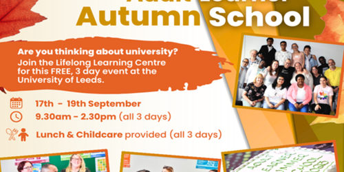 Flyer for Adult Learner Autumn School showing groups of learners and celebration cake.